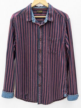 VOI Jeans Men’s XL Striped Button Up Shirt Red Blue Cotton Grunge Casual